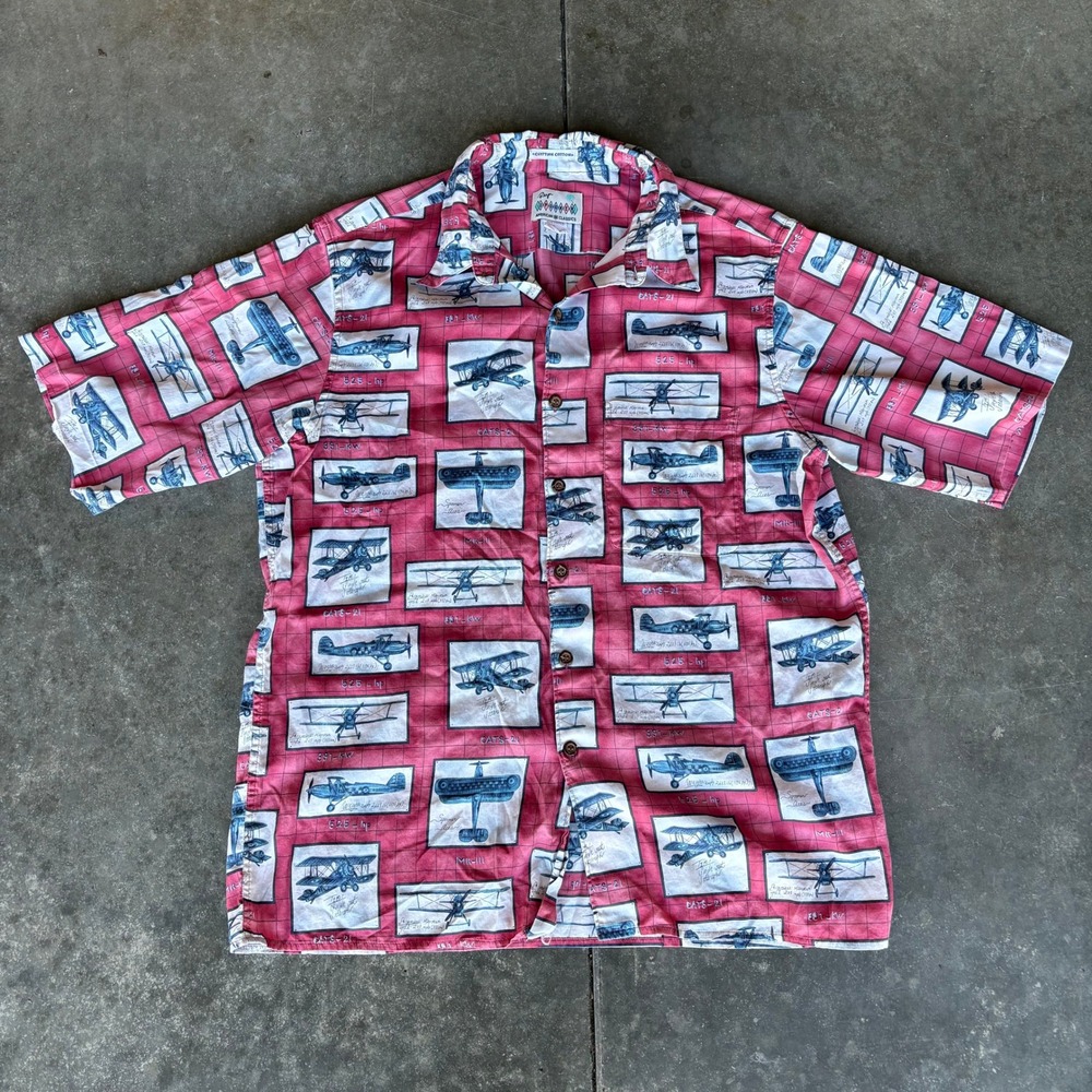 Vintage Reyn Spooner American Classics Shirt Men's Large Red Airplanes Cotton